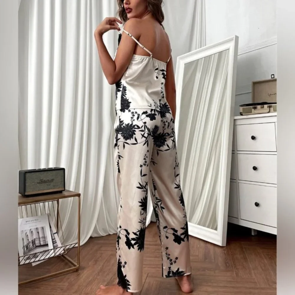 Satin Lace Floral Cami Top With Pants PJ Set